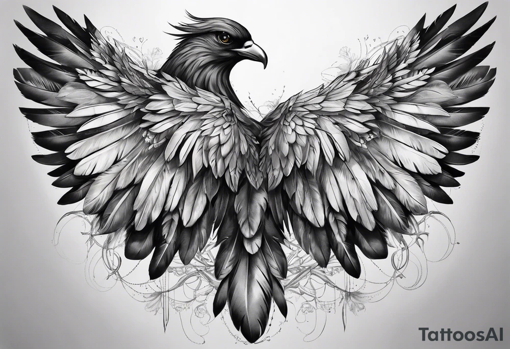 wings extending from the shoulders, covering the upper arms and upper back. The feathers are intricately detailed, with soft shading in black and gray to create depth and texture. The wings gently converge in the middle of the back, forming a harmonious and cohesive design. tattoo idea