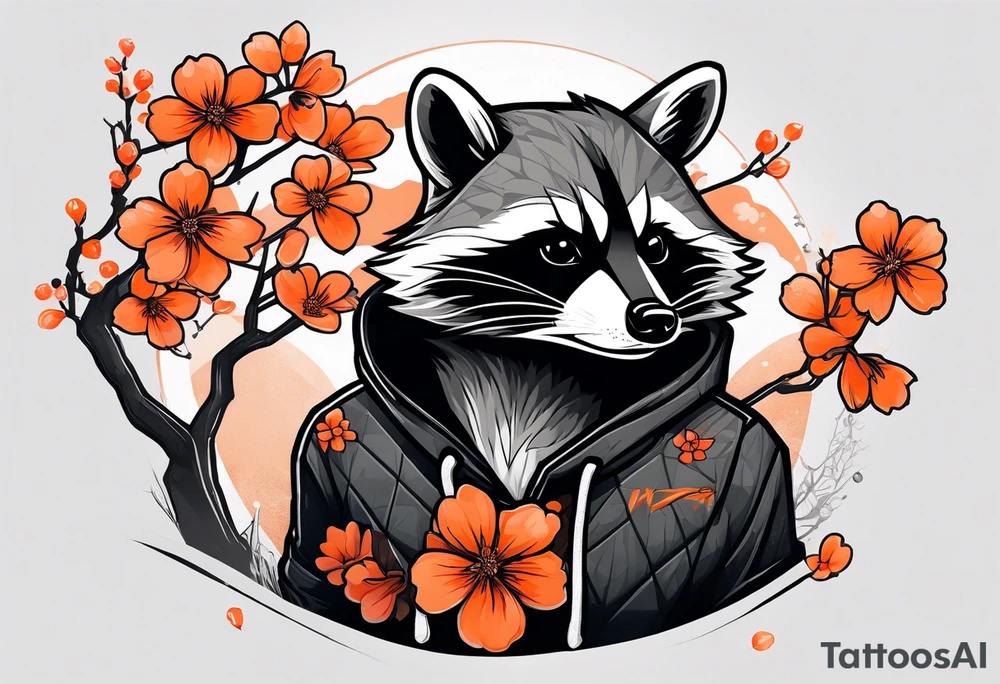 Raccoon wearing a white Superman logo on a black hoodie and orange Japanese cherry blossoms beside tattoo idea