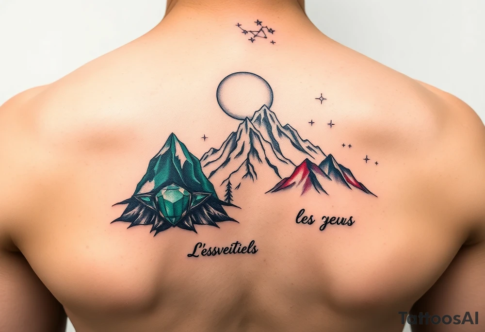 4 mountains. One mountain made of blue sapphire. One mountain of green emerald. One mountain made of red ruby. One mountain made of white pearl. Night time with moon and stars. Some stars spell out "L'essentiel est invisible pour les yeux" as a constellation tattoo idea