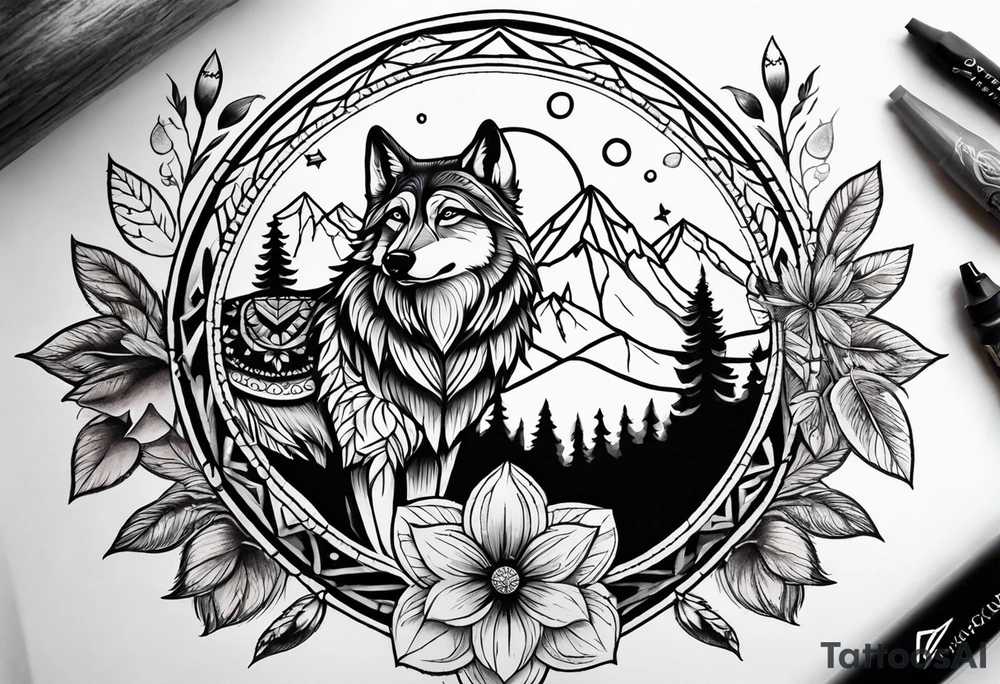 A whimsical wolf tattoo featuring mandala or dream catcher elements, with the wolf as the central focus, surrounded by mountains in the background. Include flowers and nature elements to fill the space around the wolf. Some color but not completely solid bold color tattoo idea
