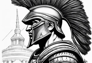 Side profile of spartan soilder with pantheon in background tattoo idea