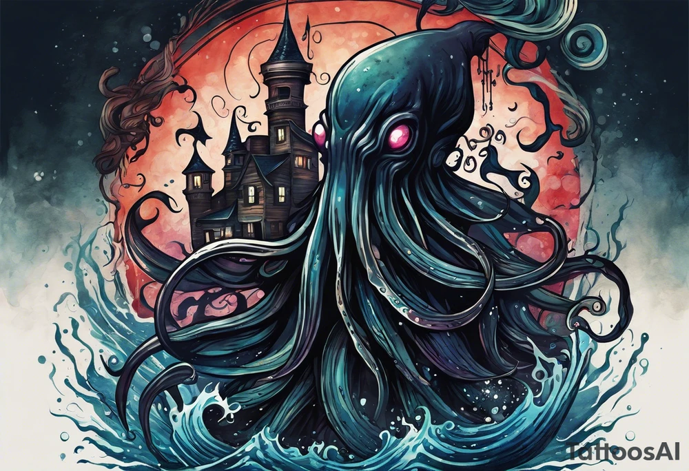 A visual representation of the horror squid concept, showing the squid becoming invisible in ink, its body turning black to blend in with its deep sea environment. The overall environment is dark, creating an eerie underwater atmosphere. tattoo idea