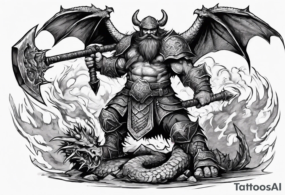 dwarven warrior with a war axe fighting against a dragon in the pit of hell tattoo idea