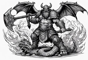 dwarven warrior with a war axe fighting against a dragon in the pit of hell tattoo idea