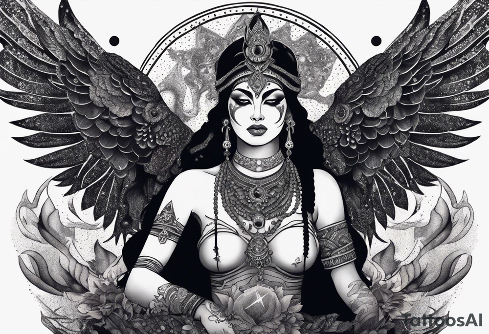black kali, goddess pirate, alien, angel, pachamama, valkrye, warrior, flying, skull, lotus azul, wing, eagle, zenza resonance, stars, 5D, anahata chakra, death, durga, riding on a tiger, flying lady, kundalini, chest tatoo, samuri, rebel,serpent tattoo idea