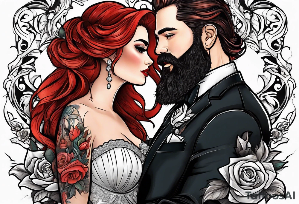 Busty red haired woman and a bearded man with black hair getting married tattoo idea