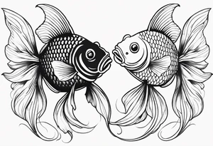 Design a small tattoo featuring a pair of goldfish intertwined, symbolizing harmony and companionship in a flowing design tattoo idea