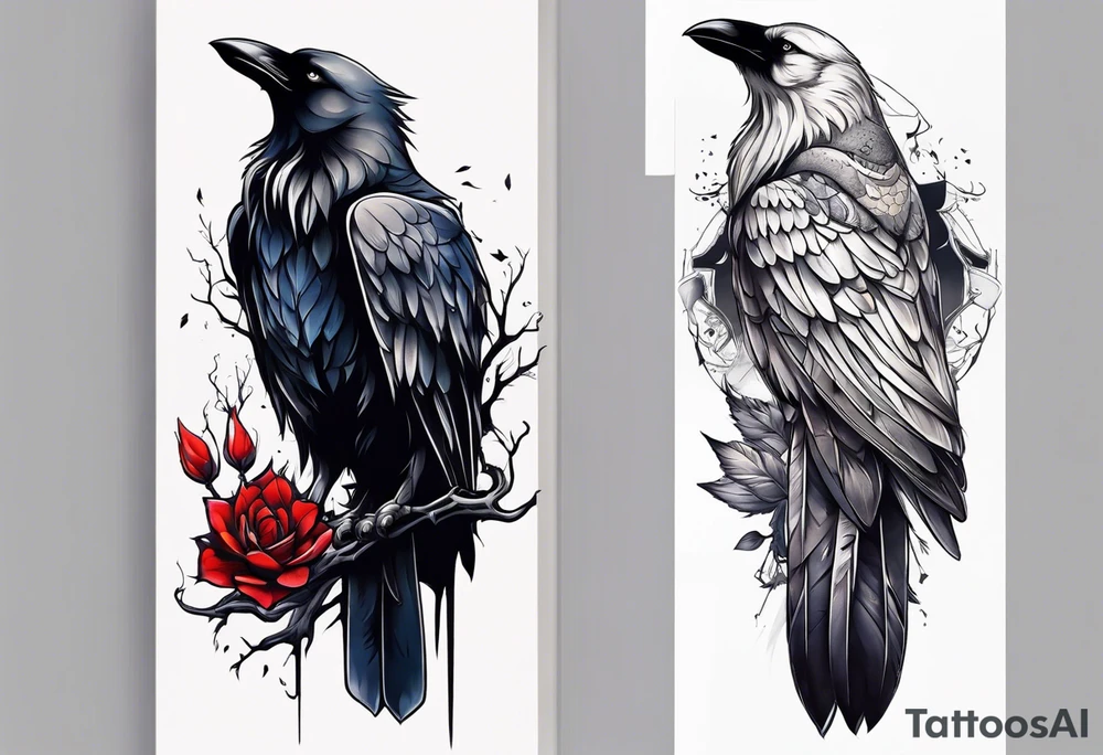 a wolf and a raven back to back facing opposite direction tattoo idea