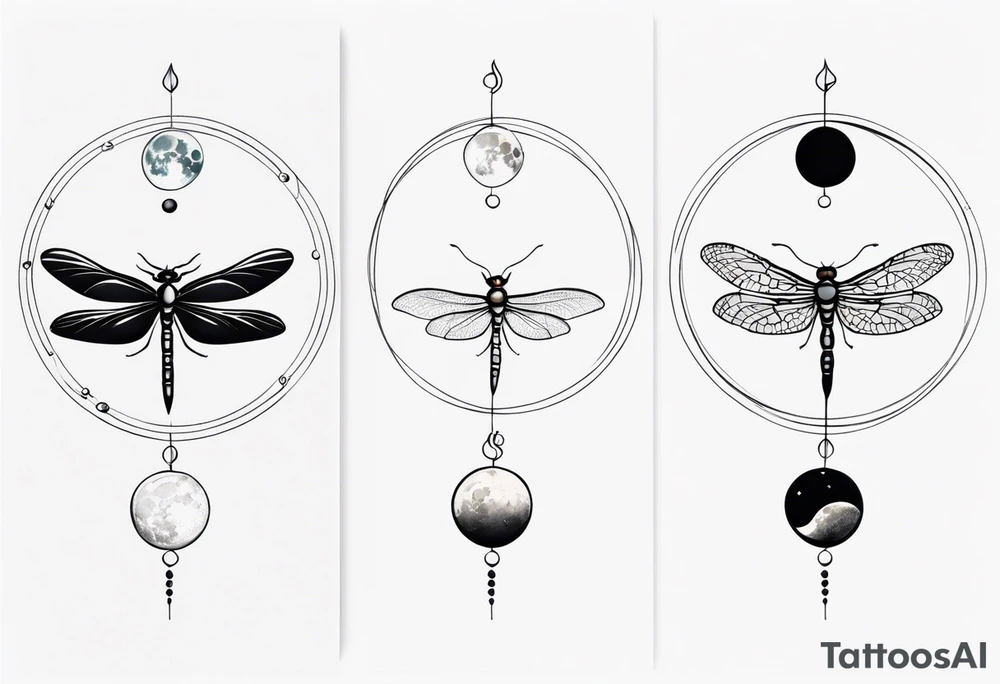 Moon phases with small dragonfly vertical tattoo idea