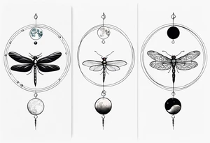 Moon phases with small dragonfly vertical tattoo idea