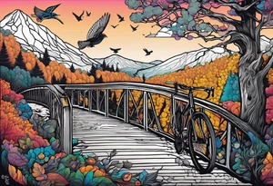Gravel bike, going down mountain in-between trees, over a bridge with a river and some birds in the background tattoo idea