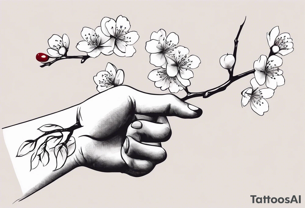 Sure thing! To guide the AI in drawing your tattoo design, you can provide step-by-step instructions like this:

1. Start by drawing a human hand pointing at a skeleton hand on the left shoulder.
2. From the wrist of the human hand, draw a cherry blossom branch sprouting out.
3. Let the branch travel down the arm, wrapping around the bicep once.
4. Narrow the branch to fit through a 7 cm gap on the forearm.
5. Finally, end the branch in a 10 cm gap on the wrist, adding more blossom flora to complete the design.

These detailed instructions should help the AI create a visual representation of your envisioned tattoo. tattoo idea