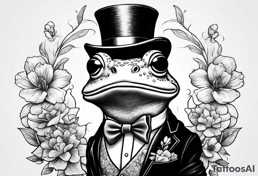 Cute Frog wearing top hat and a suit standing on its Back legs while holding flowers tattoo idea