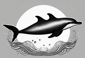 simple dolphin silhouette, in soft gray tone, stippled shading, little bit of dotwork, white background tattoo idea