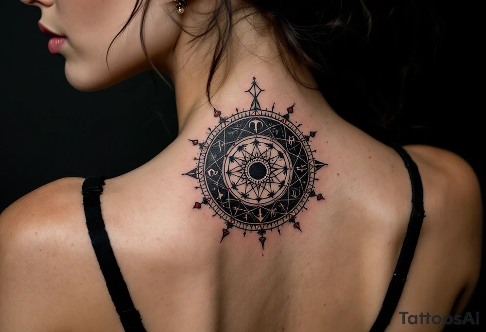 A charcoal black alchemical circle containing zodiac signs and red dots of energy at each point. tattoo idea