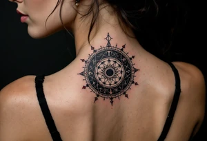 A charcoal black alchemical circle containing zodiac signs and red dots of energy at each point. tattoo idea