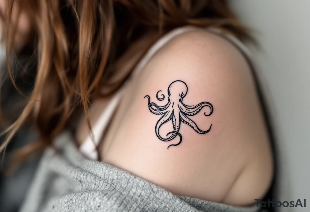 A small realistic black and grey tattoo of an octopus, with detailed shading and soft linework, showing the octopus with swirling tentacles, on light skin. The style is minimalistic and elegant, resembling fine-line tattoo with a shadow tattoo idea