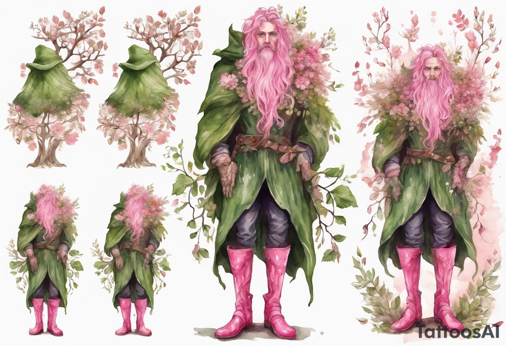 A tall, beautiful tree-man hybrid with flower hair and a cloak made of leaves. Wearing pink medieval boots. tattoo idea