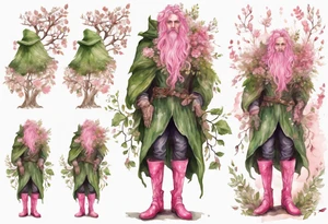 A tall, beautiful tree-man hybrid with flower hair and a cloak made of leaves. Wearing pink medieval boots. tattoo idea