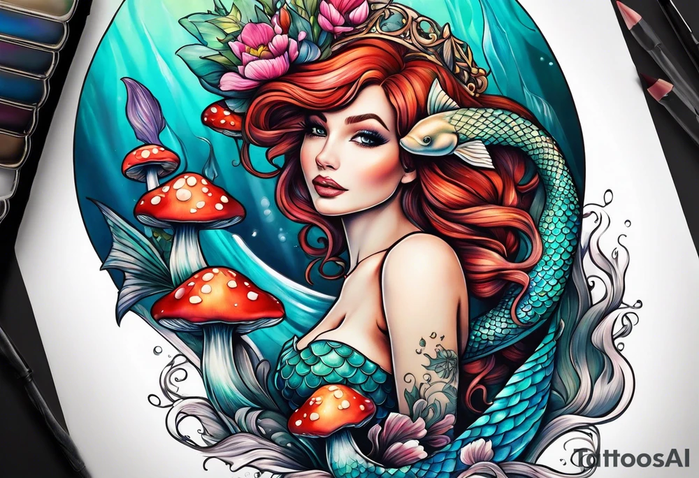 a mermaid siting over a mushroom tattoo idea