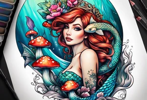 a mermaid siting over a mushroom tattoo idea