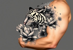 fierce tiger emerging through blooming lotus flowers in mist tattoo idea