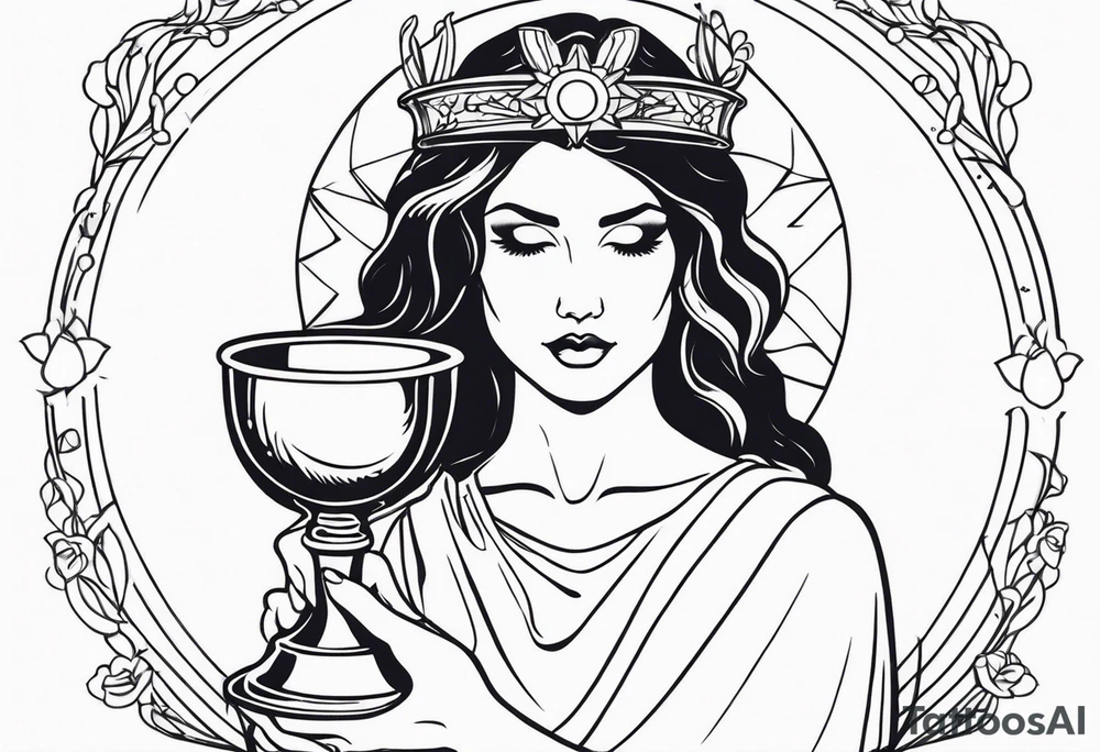 a woman with a halo holding a chalice tattoo idea