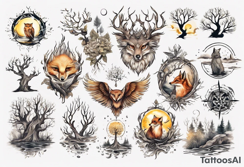 sonne, eule  wald, fuchs 
baum, sapere aude, Wasser, fisch tattoo idea