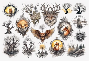 sonne, eule  wald, fuchs 
baum, sapere aude, Wasser, fisch tattoo idea