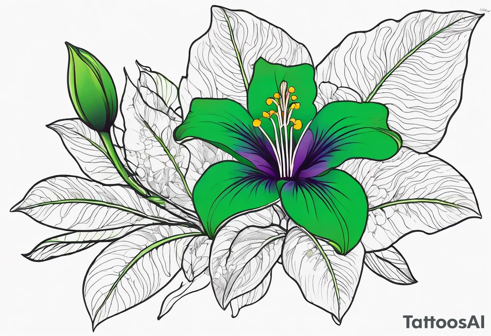 An outline of a green rio dipladenia flower and a green/purple splash in the background tattoo idea