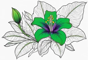An outline of a green rio dipladenia flower and a green/purple splash in the background tattoo idea