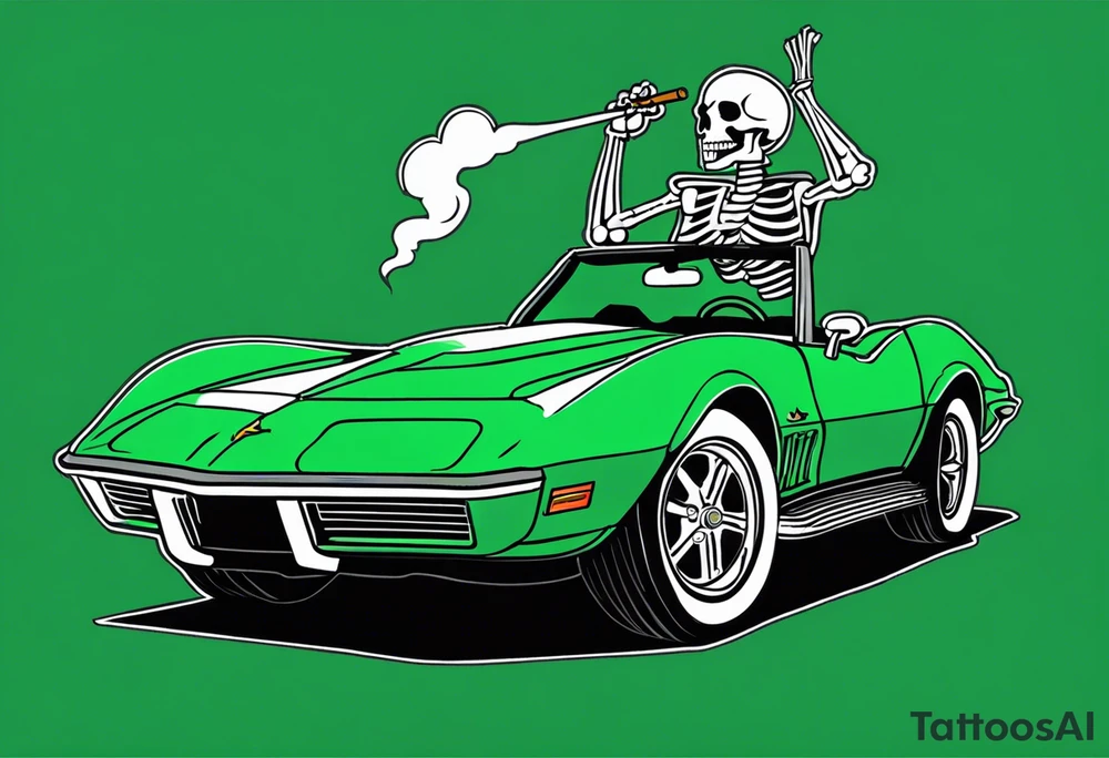 Skeleton smoking a cigarette driving a green 1976 convertible Corvette tattoo idea