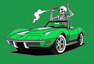 Skeleton smoking a cigarette driving a green 1976 convertible Corvette tattoo idea