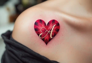 A deep red heart with a golden cursive letter "A" delicately engraved in the center, symbolizing passion and devotion. tattoo idea