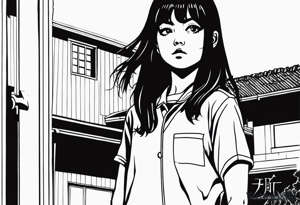 portrait of tomie standing up a character by the horror manga author junji ito full body standing murderously. add more horror and gore elements tattoo idea