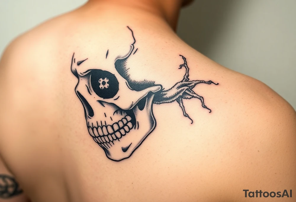 right side of a skull with cryptococcus neoformans out of its eyes and mouth tattoo idea