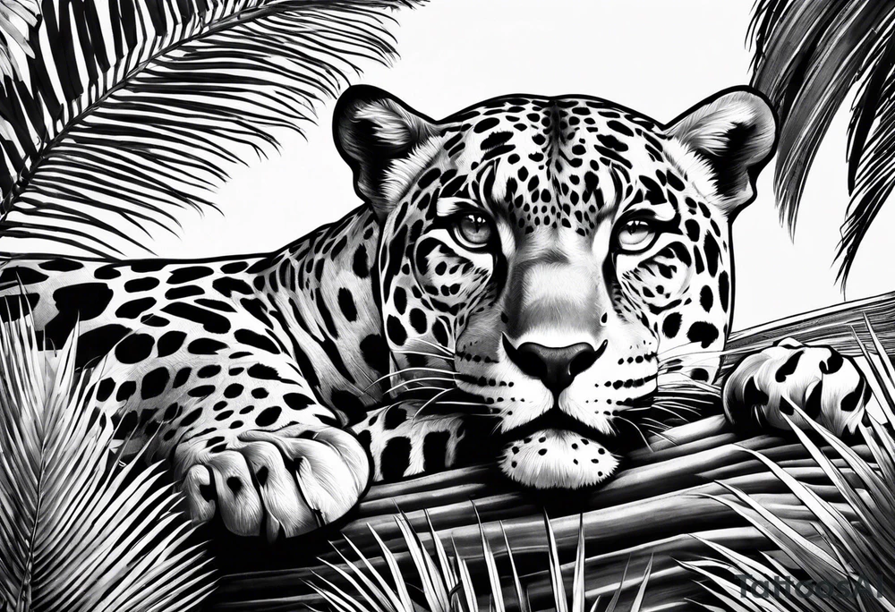 jaguar laying on palm tree tattoo idea