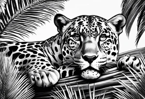 jaguar laying on palm tree tattoo idea