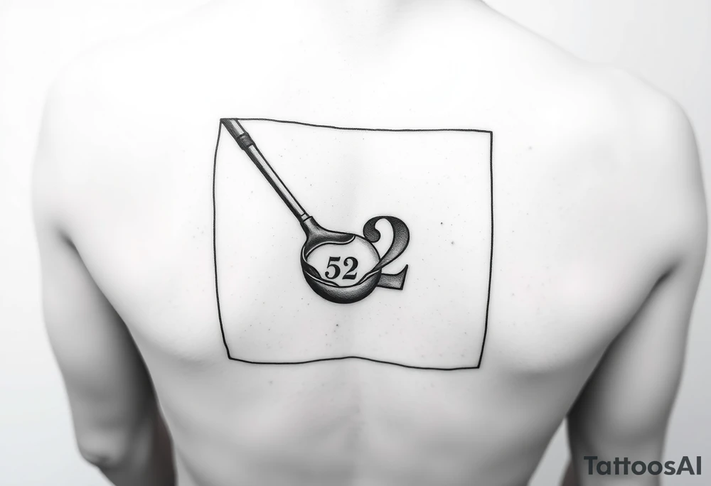 A realistic golf club centered inside a minimalist frame (should be rectangular). Inside the frame, integrate the number 52 in a balanced way, either beneath or overlaying the golf club. Black tattoo style, suitable for thigh tattoo. clean lines, not that detailed - simple of nature. tattoo idea