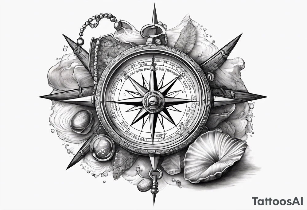 Pirate themed compass with oyster and pearl and a starfish as the directions on the compass tattoo idea