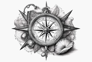 Pirate themed compass with oyster and pearl and a starfish as the directions on the compass tattoo idea