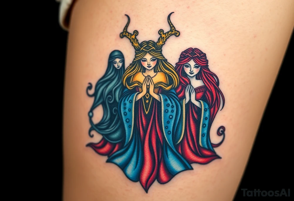 A detailed depiction of the Norns, three mysterious women weaving the threads of fate, their robes glowing in soft blue, gold, and crimson light tattoo idea