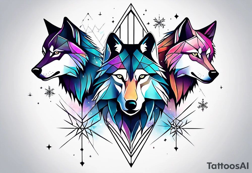 Constellation, two animal wolf, géométric, snowflake tattoo idea