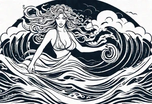 stormy sea waves, a woman in the middle of a storm, Medusa the Gorgon tattoo idea