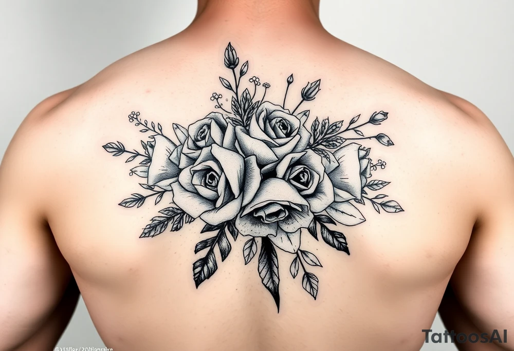 vintage bouquet of wild roses and meadow flowers with morning dew tattoo idea