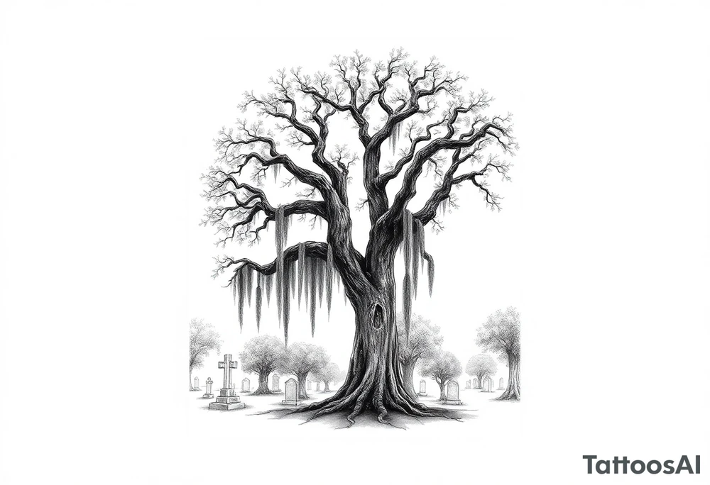 Oak trees with Spanish moss in a cemetery tattoo idea