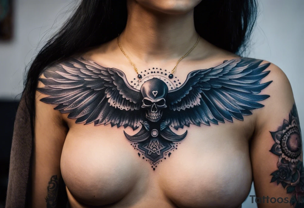 black kali, goddess pirate, alien, angel, pachamama, valkrye, warrior, flying, skull, lotus azul, wing, eagle, zenza resonance, stars, 5D, anahata chakra, death, durga, riding on a tiger, flying lady, chest tatoo tattoo idea