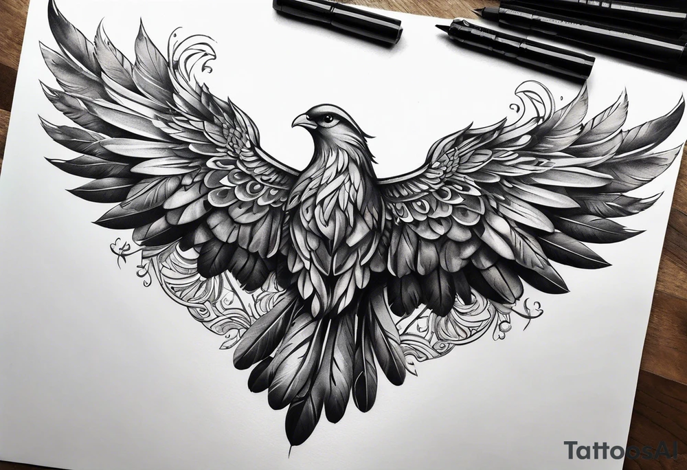 wings tattoo extending from a mens shoulders, covering the upper arms and upper back. The feathers are intricately detailed, with soft shading in black and gray to create depth and texture. tattoo idea