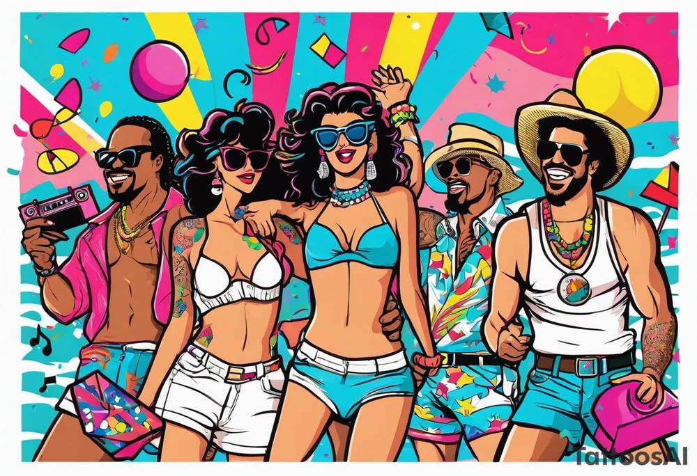 1980's miami vice style beach dance 
party, include confetti, music notes, boom box, bikinis tattoo idea