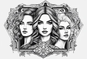 three person side by side. a really young Daughter on the left, mother in the middle, really old grandmother on the right. greater age difference, in an artfully decorated frame tattoo idea